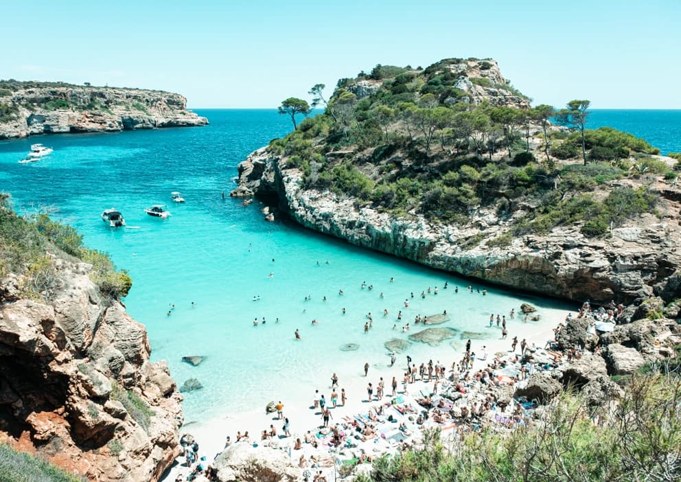 Cala: swimmers in a turquoise cove between pine-covered cliffs